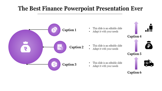 Finance PowerPoint slide with icons representing money, growth, and finance tools, connected in a circular flow.