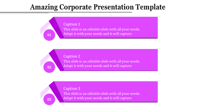 Corporate slide with three horizontal purple banners, numbered 01 to 03 with rounded circles on the left.