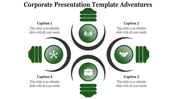 Corporate template featuring green circles and icons for teamwork, business, networking, and partnerships.