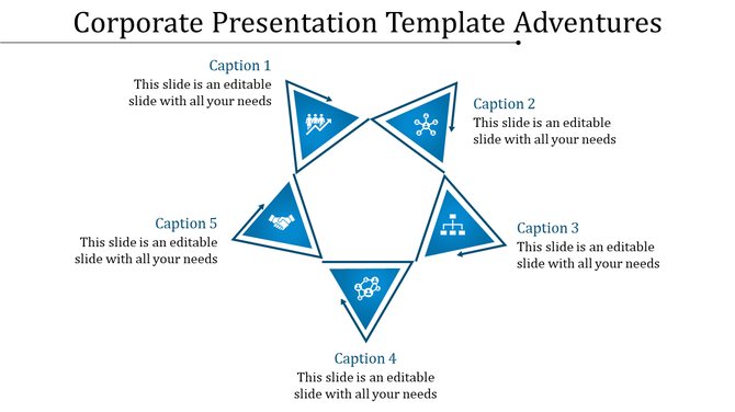 A corporate presentation template with five blue triangles arranged in a star shape, each containing an icon and caption.