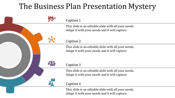 Corporate business plan PowerPoint slide featuring gear and various icons for key business functions with captions.