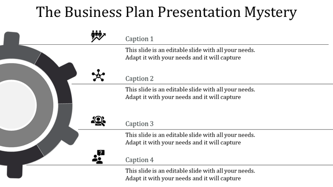Business presentation with a gray gear icon on the left and four captions aligned horizontally on the right.