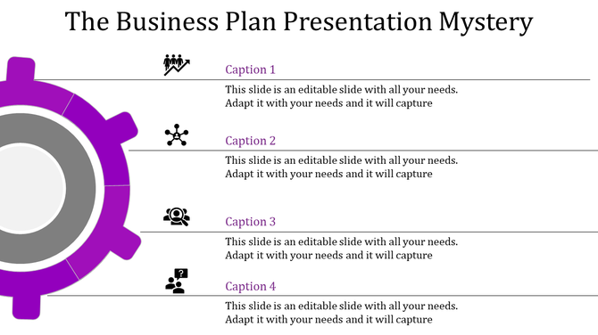 Business presentation with a purple gear icon on the left and four captions aligned horizontally on the right.