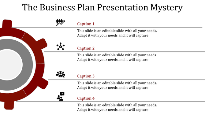 Business plan slide with a red gear design, featuring four captions each paired with icons representing collaboration