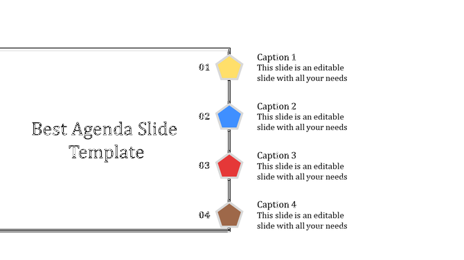 Business agenda slide showing a  line connecting numbered icons in yellow, blue, red, and brown, each  with caption areas.