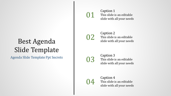 Agenda slide split into two sections, left with title text and right with a numbered vertical list of four captions.