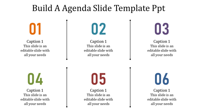 Six-point agenda infographic with a central pink diamond and numbered captions linked by dotted connectors.
