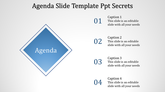 Agenda slide with a diamond shape and four numbered steps with captions.