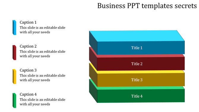 A 3D stacked bar diagram with colorful sections, each labeled with a title, representing a business PowerPoint template.