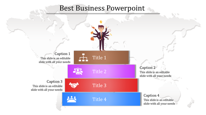Business PowerPoint slide showing a man with multiple arms, standing on a colorful step pyramid with icons and captions.