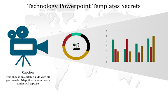 Technology PowerPoint template with a video camera, network symbol, and a colorful bar chart on the side with a caption.