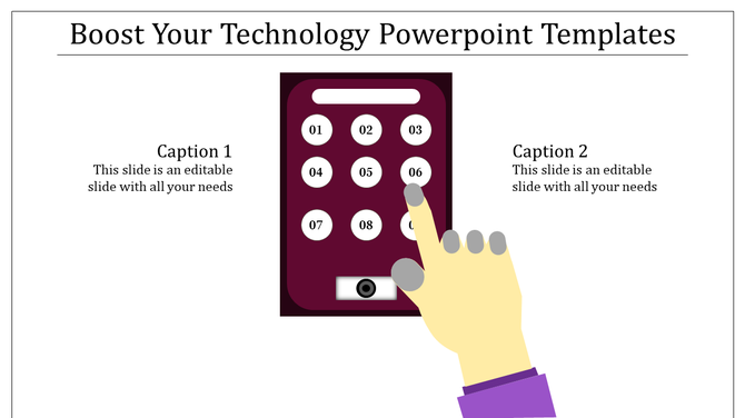 Technology PowerPoint template featuring a hand interacting with a touchscreen phone with numbered options.