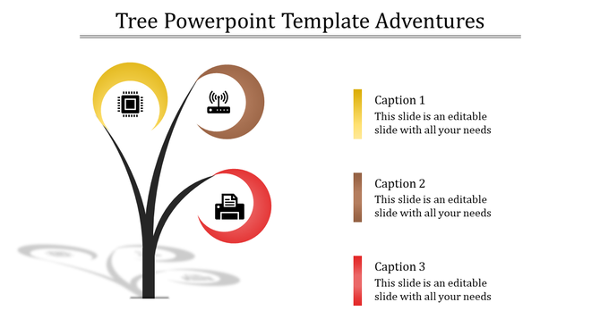 Creative tree PowerPoint template featuring colorful leaves with technology icons for each branch with captions.