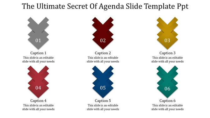Slide with six vertically stacked arrow blocks in gray, red, yellow, orange, blue, and teal colors with captions below.