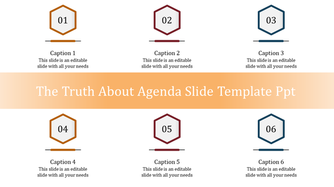 Agenda slide with six numbered hexagons in orange, red, and blue, arranged in two rows with captions below.