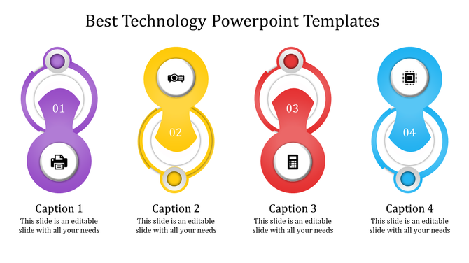 Technology-themed template featuring four vertical elements with rounded shapes, numbered 01 to 04, and paired with captions.