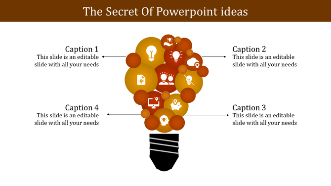 Creative lightbulb graphic slide with multiple icons representing ideas, including lightbulbs, documents, and gears.