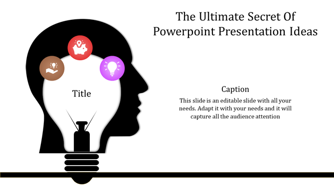 Creative slide featuring a black head outline containing a light bulb, surrounded by idea icons, with space for captions.