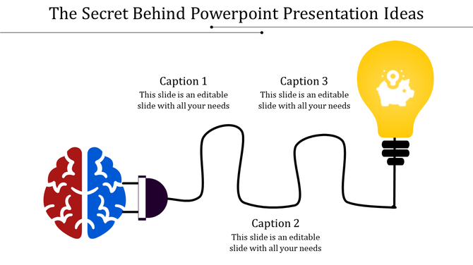 Creative PowerPoint slide with a brain and lightbulb illustration connected by a wire with captions.