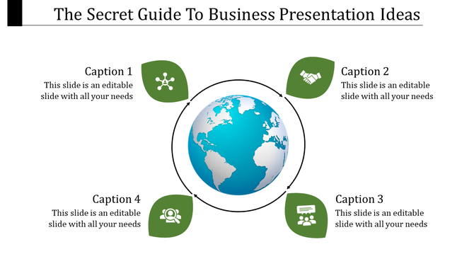 Business PowerPoint slide showing a globe surrounded by four icons representing different business strategies.