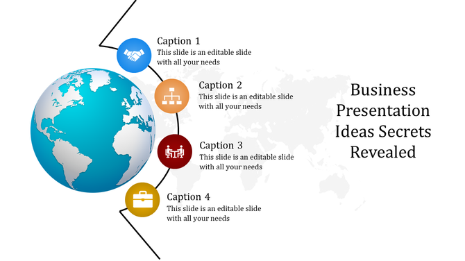 Business infographic featuring a blue globe and four steps with icons for collaboration, organization, meetings, and tasks.