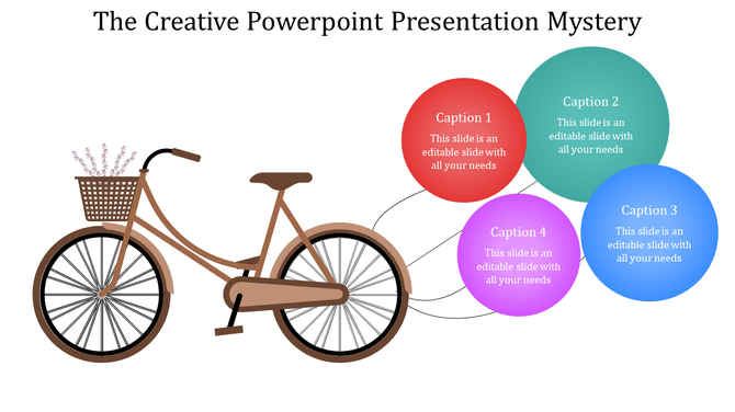 Slide with a brown bicycle featuring a flower basket and four colorful caption circles in red, green, blue, and purple.