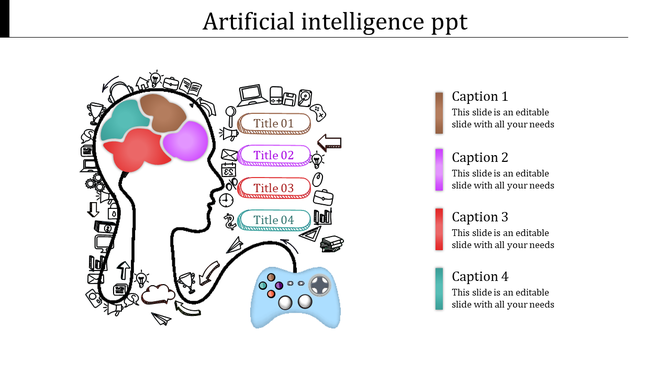 Artificial intelligence PowerPoint slide with a brain diagram and colorful sections representing different AI concepts.