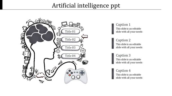 Monochrome slide with a human head, labeled sections for titles, and AI inspired symbols, paired with captions on the right.