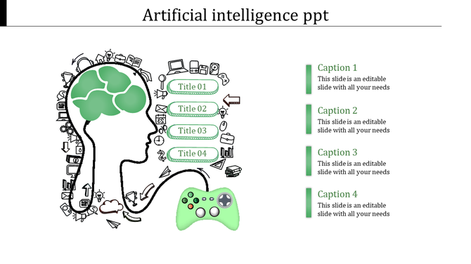 PowerPoint slide for artificial intelligence with a brain illustration and four title sections.