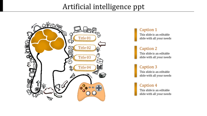 Human head outline with orange brain, surrounded by tech icons, text boxes for titles and captions in vertical alignment.