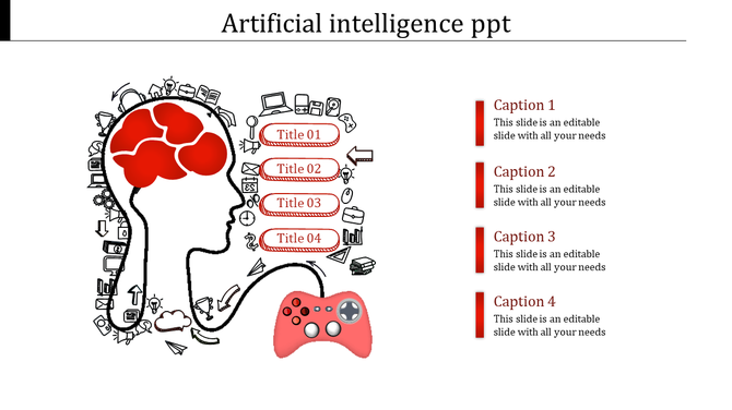 Artificial Intelligence slide featuring a brain silhouette in red and four red titles linked to captions on the right.
