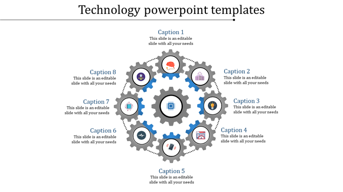 Technology PowerPoint template with eight gears representing different steps, each with a caption.