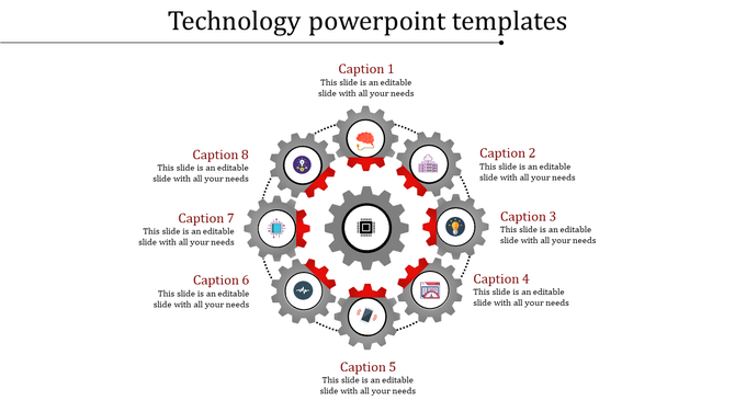 Circular infographic with eight red gears, each featuring a technology related icon and captions on a white background.