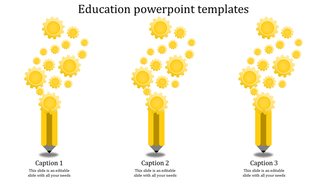 Education PowerPoint template with yellow gears emerging from a pencil, with captions.