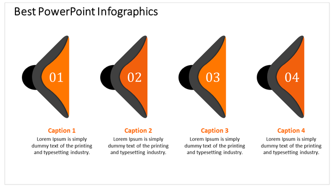 Four orange and black funnel shaped infographic elements arranged horizontally with captions below, on a white background.