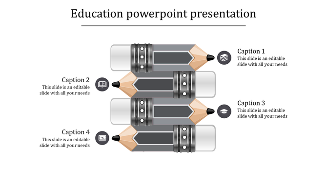 Stacked pencil-themed education slide template in gray, each pencil representing captions with educational icons.