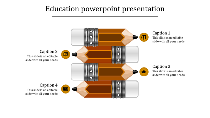 Horizontal layout of four stacked orange pencils with metallic details, paired with icons and captions for education themes.