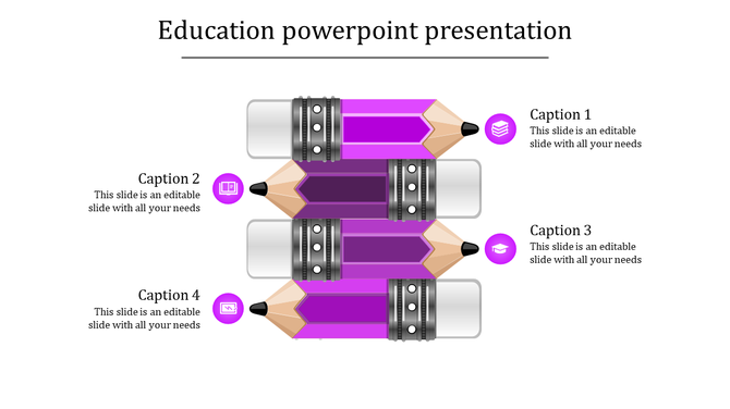 Education themed PowerPoint slide with purple pencils and icons for books, graduation cap, and learning tools.