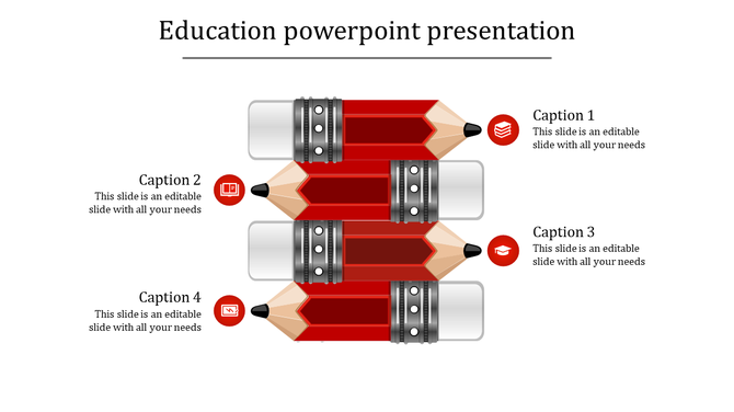 PowerPoint slide with three red pencils, each with captions and educational icons.