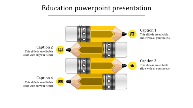 Horizontal layout of four stacked yellow pencils with metallic details, paired with icons and captions for education themes.