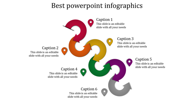 Best  infographics slide with six arrows in vibrant colors, each linked to editable captions and pin icons.