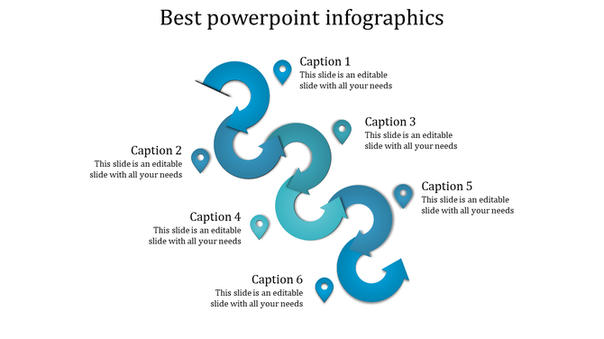Infographic PowerPoint template with six sections, each represented by an arrow and labeled with captions.