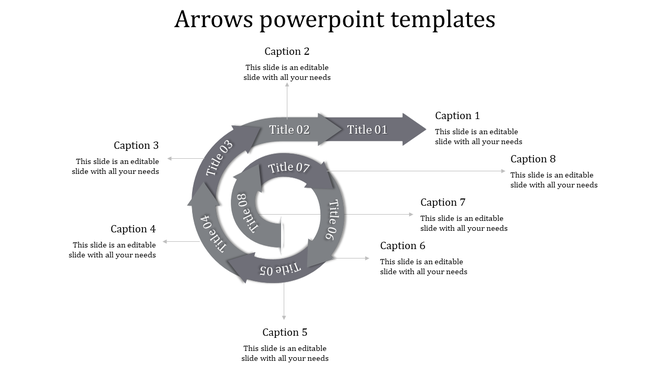 Circular PowerPoint template with eight gray arrows, each labeled with a title, and accompanied by captions for each step.