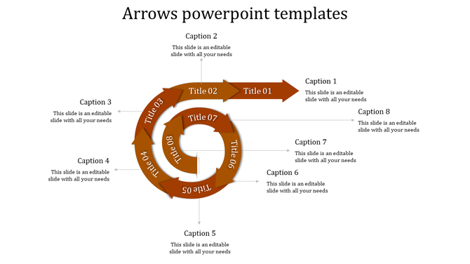Brown circular arrow diagram illustrating a sequential flow from Title 01 to Title 08, with captioned descriptions.