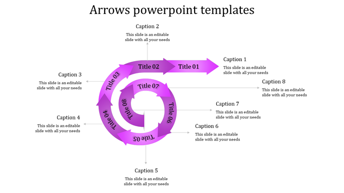 Circular PowerPoint template with eight purple arrows, each labeled with a title, and accompanied by captions for each step.