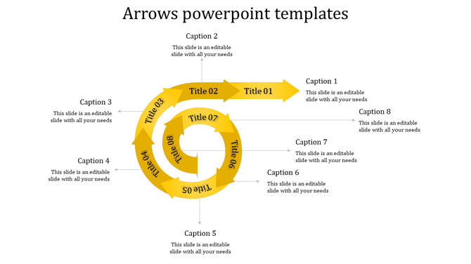 Circular PowerPoint template with eight arrows, each labeled with a title, and accompanied by captions for each step.