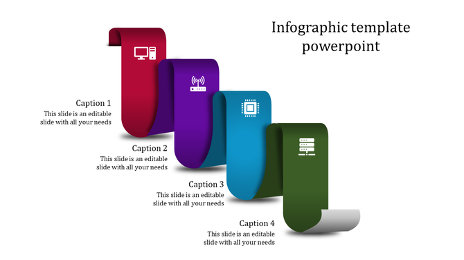 Layered ribbon infographic with four colored sections, showcasing technology-related icons and captions alongside.
