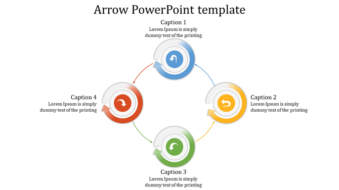 Colorful arrow PPT slide with four circular arrows, each with a different color, and corresponding captions for each step.