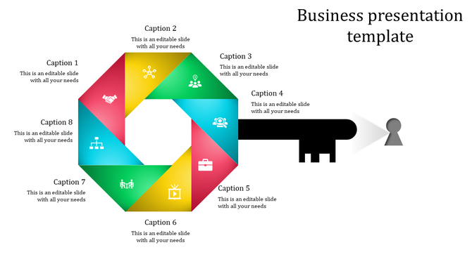 Business infographic featuring an eight-segment multicolored chart with icons, connected to a key and keyhole visual.