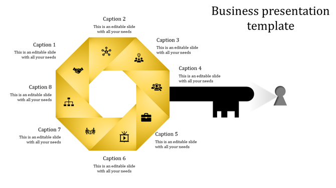 Yellow octagonal infographic with icons and captions, leading to a black key unlocking a keyhole on a white background.